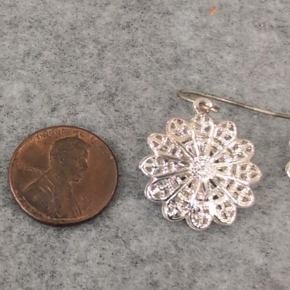 Silver Tone Filigree Flower Dangle Earrings Dainty Petal Design Stained Glass - Picture 4 of 4